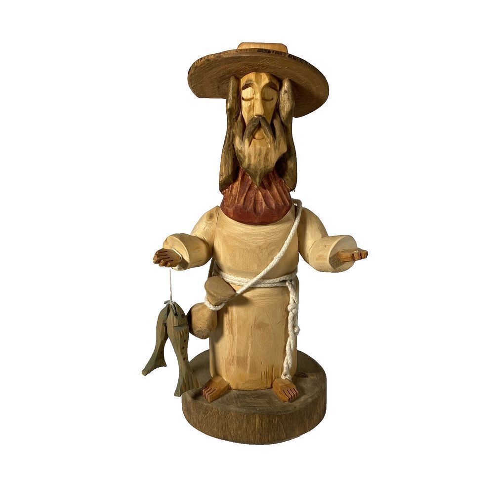 Signed‎ Pete Ortega Folk Art Wood Wooden Sculpture Jesus with fish - broken hat